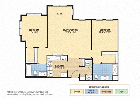 Floor plan for 2 beds, 2 baths, 1231 sqft
